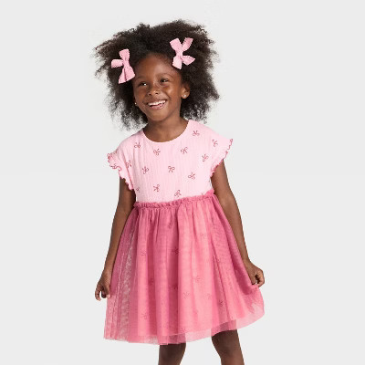 Toddler Girls' Short Sleeve Ribbed Tulle Dress - Cat & Jack™ Pink 18M | Target