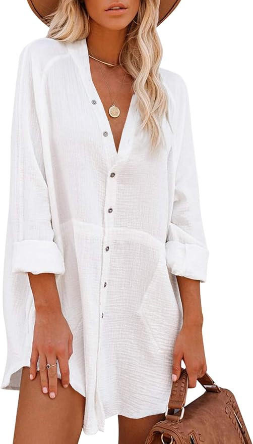 Auxo Women Long Sleeve V Neck Pocket Shirt Dress Tunic Top Casual Solid Charade Blouse | Amazon (US)