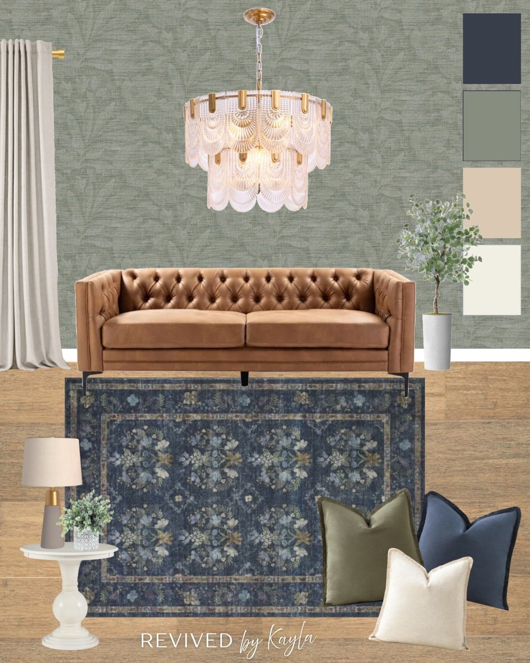 Navy blue and olive green living room design from Wayfair 🪴 

#homedecor #homedesign #livingroomdecor #livingroomdesign #livingroomfurniture #rugs #navyblue #modern #homeinspo #homedecorinspo
#Wayfair #WayfairPartner #ad @Wayfair

Leather couch, green floral wallpaper, gold chandelier, green and blue floral rug, throw pillows, grey and gold lamp, light wood flooring, beige curtains

#LTKFindsUnder50 #LTKFindsUnder100 #LTKHome