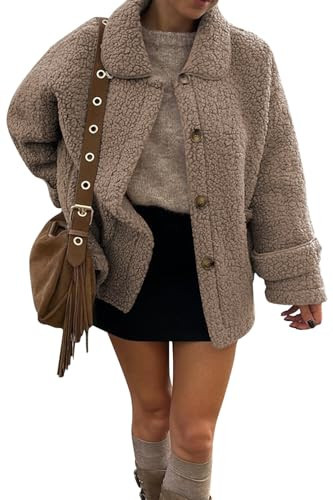 Aoang Women Fuzzy Fleece Coat Sherpa Bomber Jacket Button with Pocket Coffee | Amazon (US)
