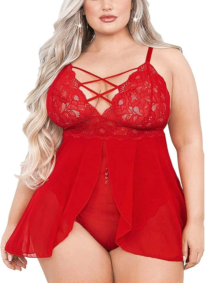 EVELUST Plus Size Lingerie for Women - Sexy Double Layer Chemise Comfy Boudoir Outfits Lace High ... | Amazon (US)