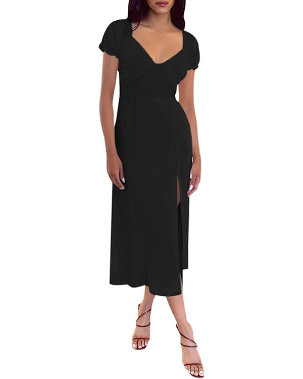 AIMCOO Womens Sweetheart V Neck Floral Midi Dress Short Puff Sleeve Side Split Smocked Back Casua... | Amazon (US)