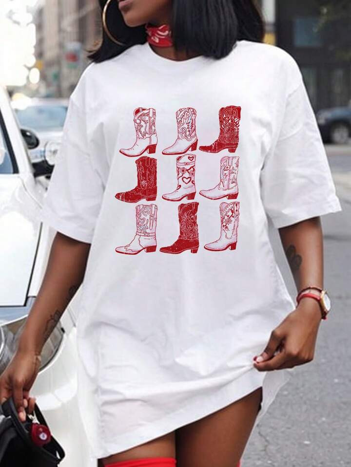 SHEIN Slayr Casual eenvoudige roze negen-vierkant raster bedrukte T-shirtjurk met korte mouwen en... | SHEIN