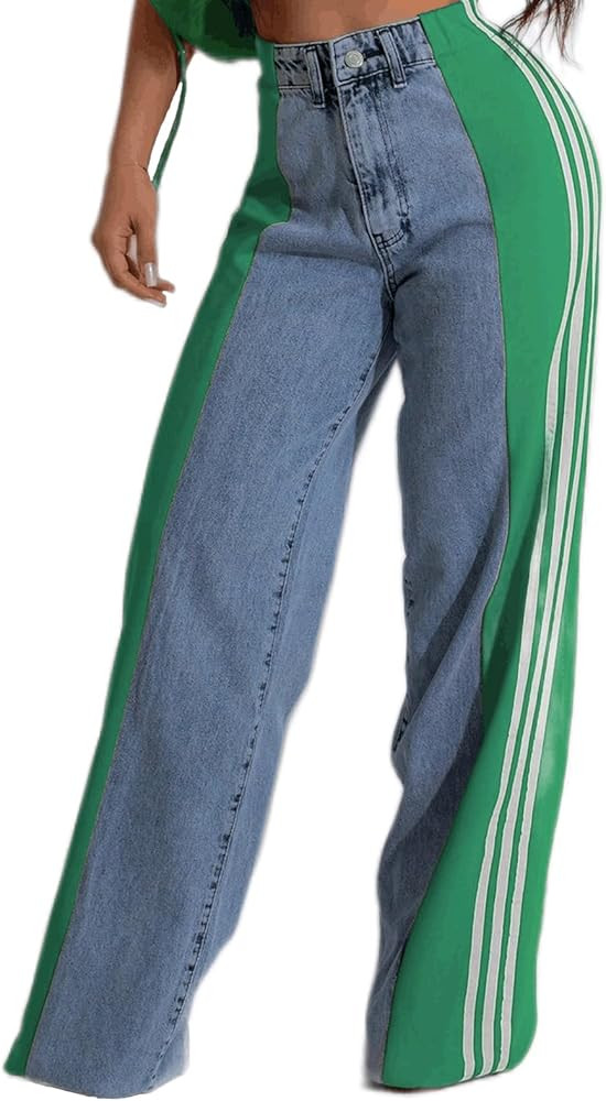 Angsuttc Womens Jeans with Patchwork Stripes High Waisted Stretchy Denim Color Block Straight Wid... | Amazon (US)