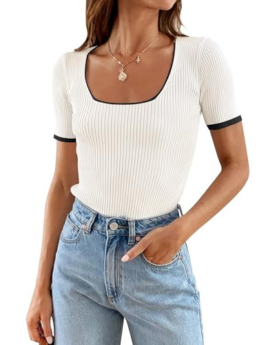 ZESICA Women's Short Sleeve Square Neck Color Block T Shirt 2025 Summer Slim Fit Ribbed Knit Basic Tee Tops,White,Small | Amazon (US)