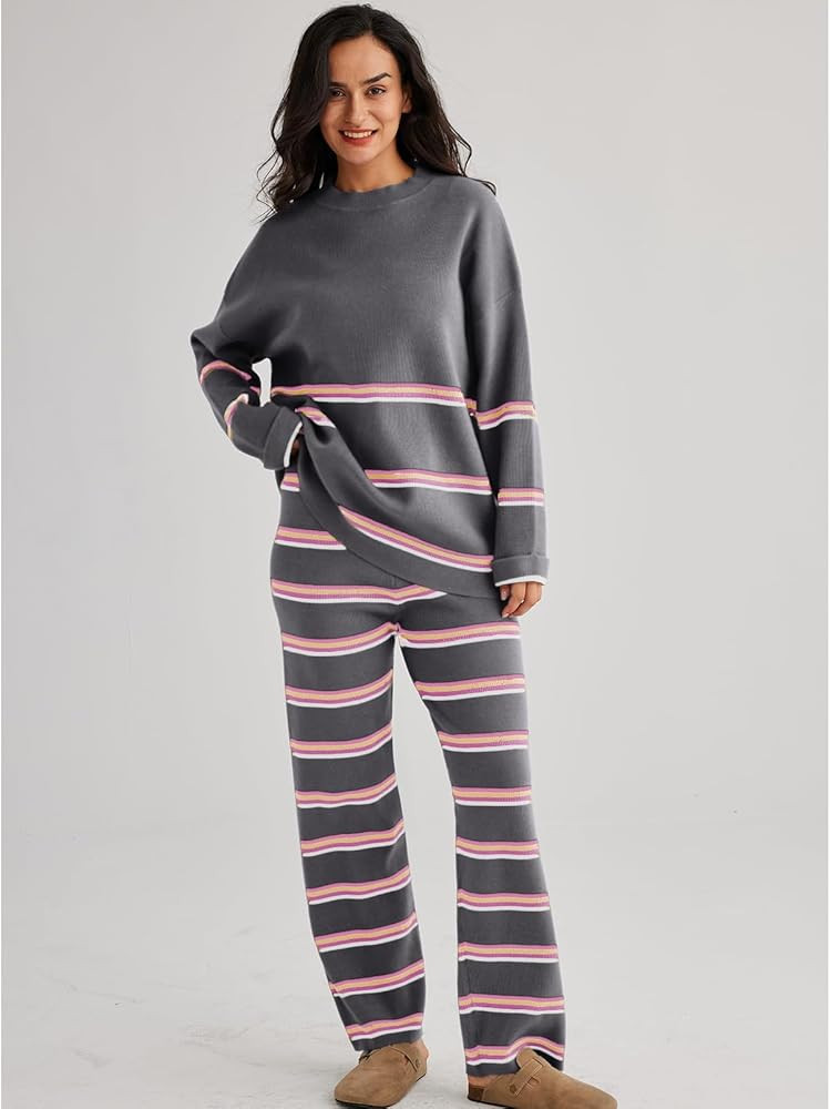 LILLUSORY 2 Piece Outfits for Women 2023 Oversized Fall Lounge Sets Striped Sweaters Cozy Knit Lo... | Amazon (US)