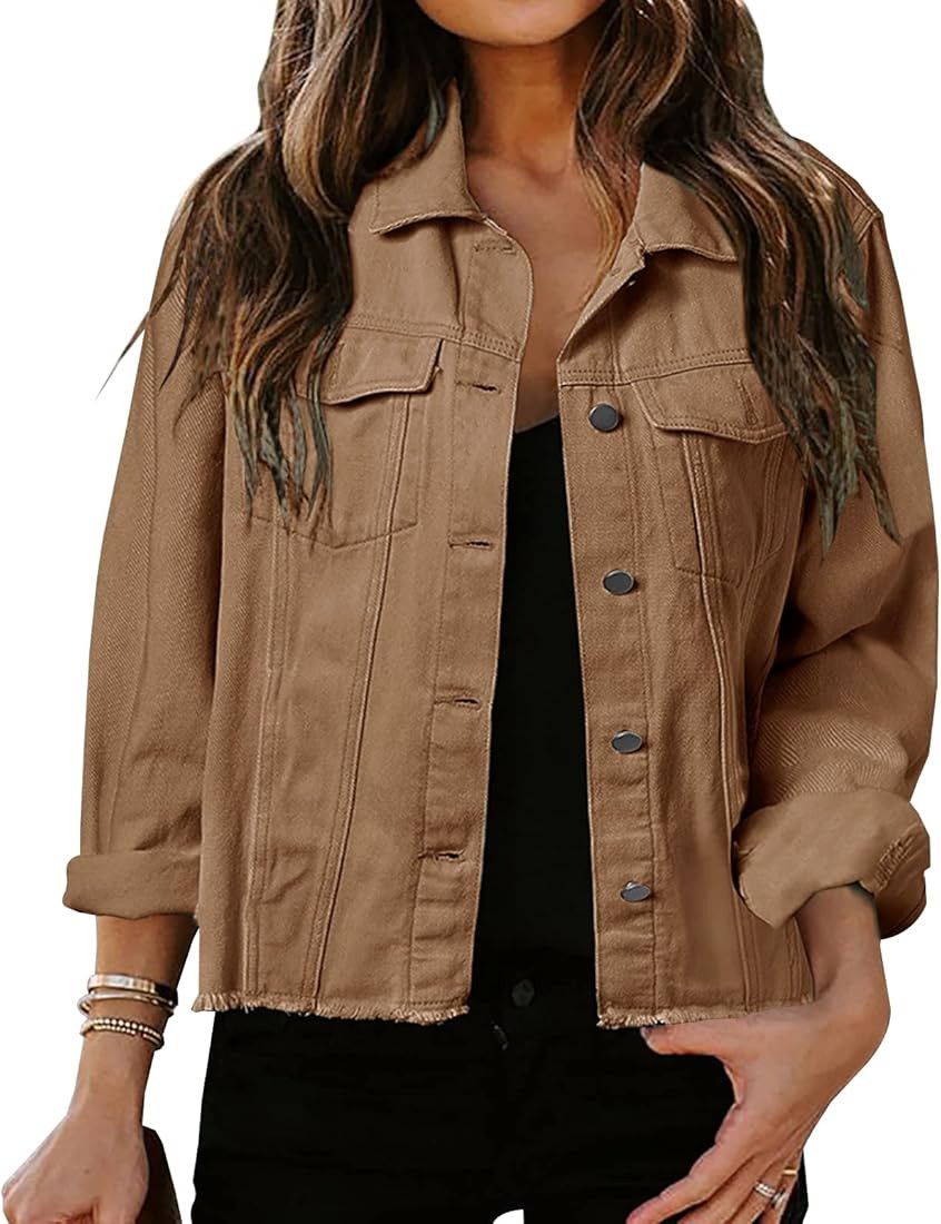 LONGBIDA Women's Jean Jacket Frayed Washed Button Up Cropped Denim Jacket With Pockets | Amazon (US)