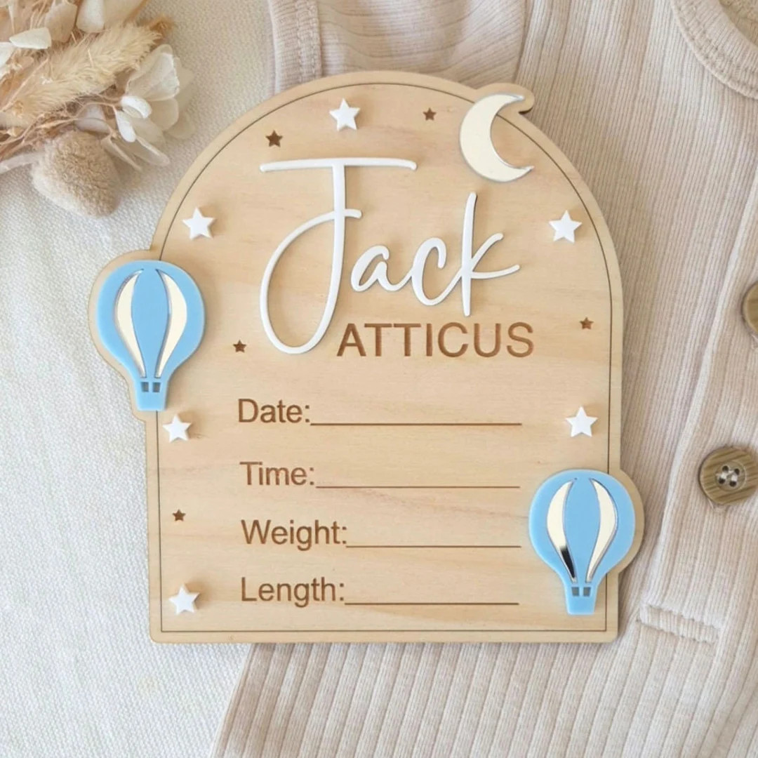 Hot Air Balloon Hello World Baby Announcement Plaque Newborn Birth Details Newborn Announcement P... | Etsy (US)