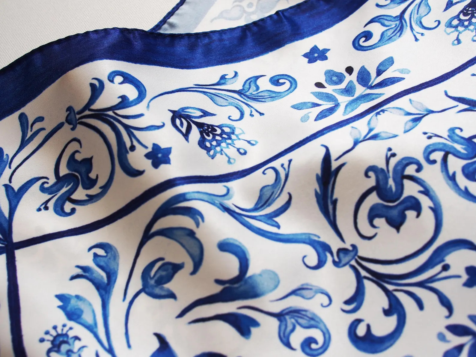 Blue and White Floral Satin Bandana – Baroque Inspired Print Scarf - Elegant 19x19" (48x48 cm) ... | Etsy (US)