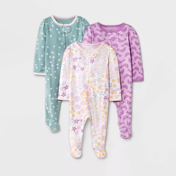 Baby Girls' 3pk 'In Bloom' Zip-Up Sleep N' Play - Cloud Island™ Rose Pink | Target