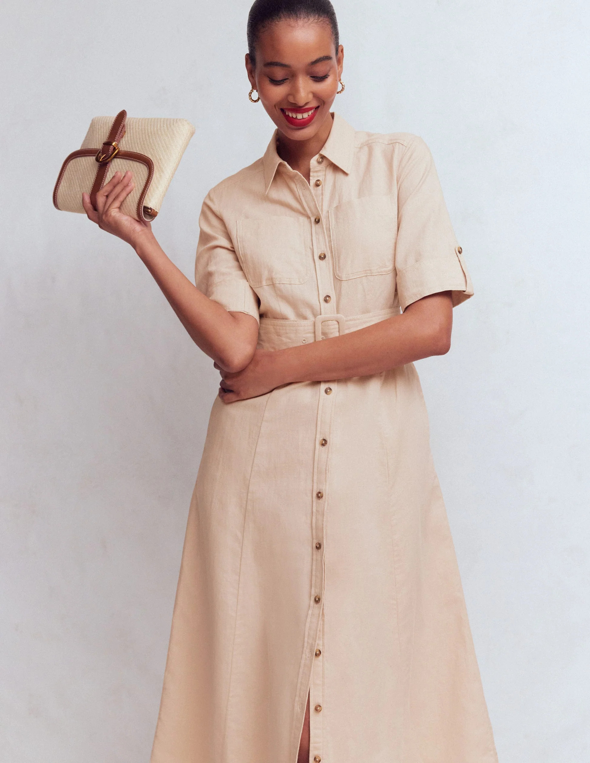 Ora Linen Blend Shirt Dress-Coffee | Boden UK