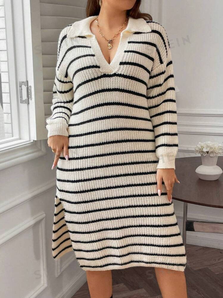 TrendsSHEIN Frenchy Plus Striped Pattern Drop Shoulder Split Thigh Sweater Dress | SHEIN