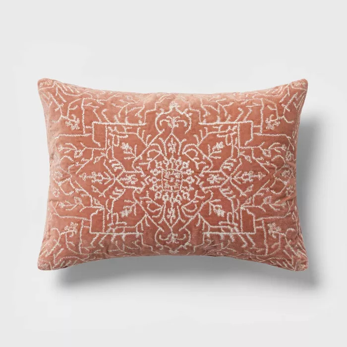 Oblong Velvet Embroidered Decorative Throw Pillow Warm Blush - Threshold™ | Target
