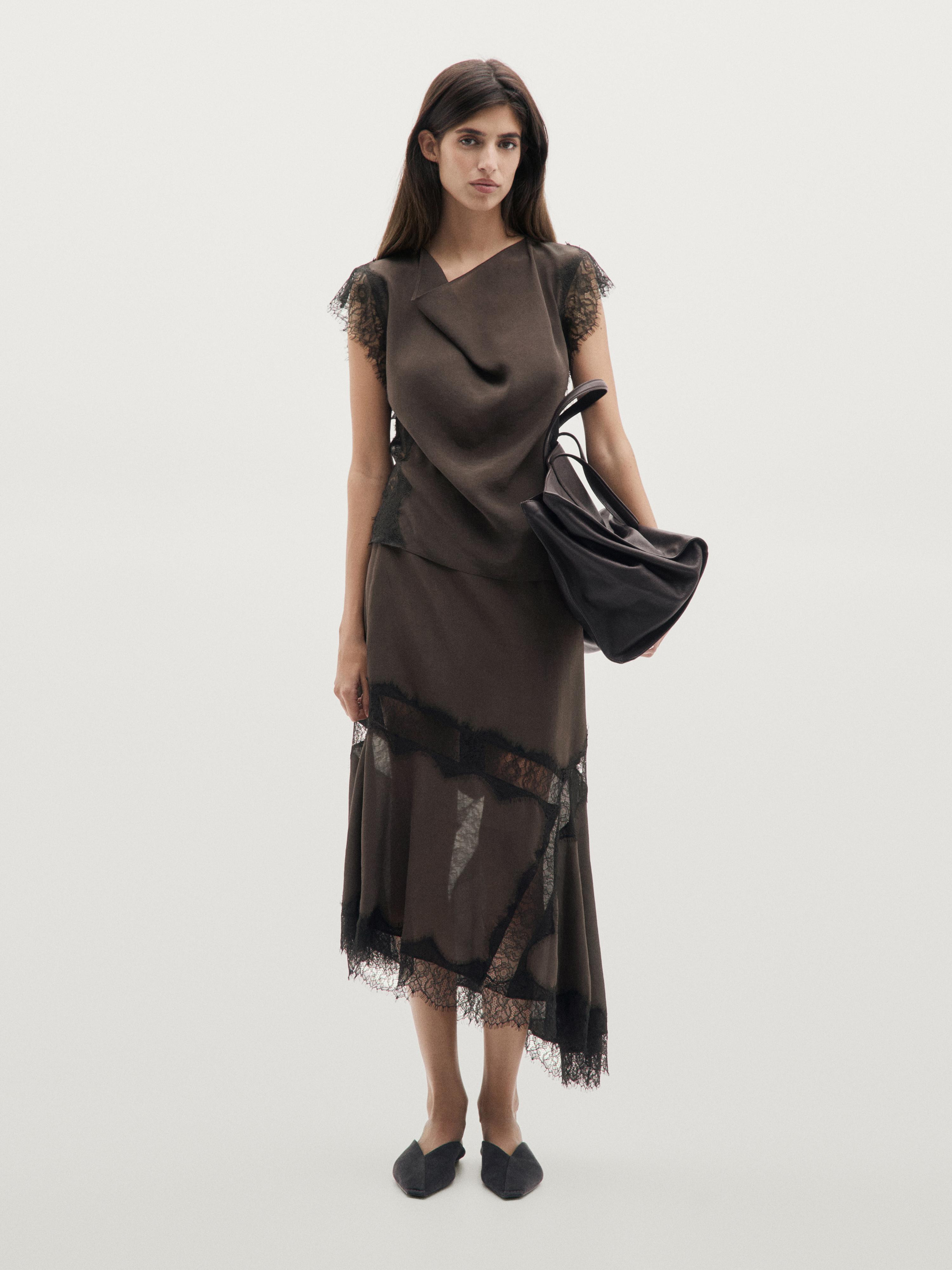 Falda midi fluida asimétrica detalle encaje | Massimo Dutti US