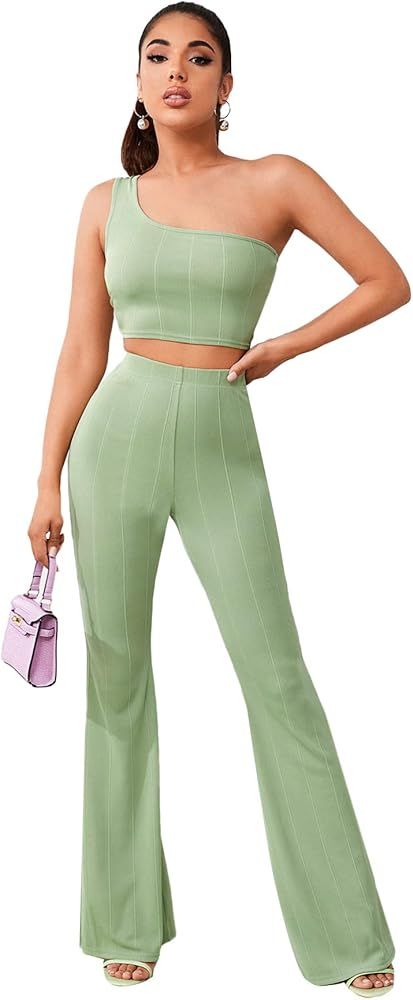 SheIn Women's 2 Piece Pants Outfits One Shoulder Crop Tank Top and Flare Pant Set | Amazon (US)