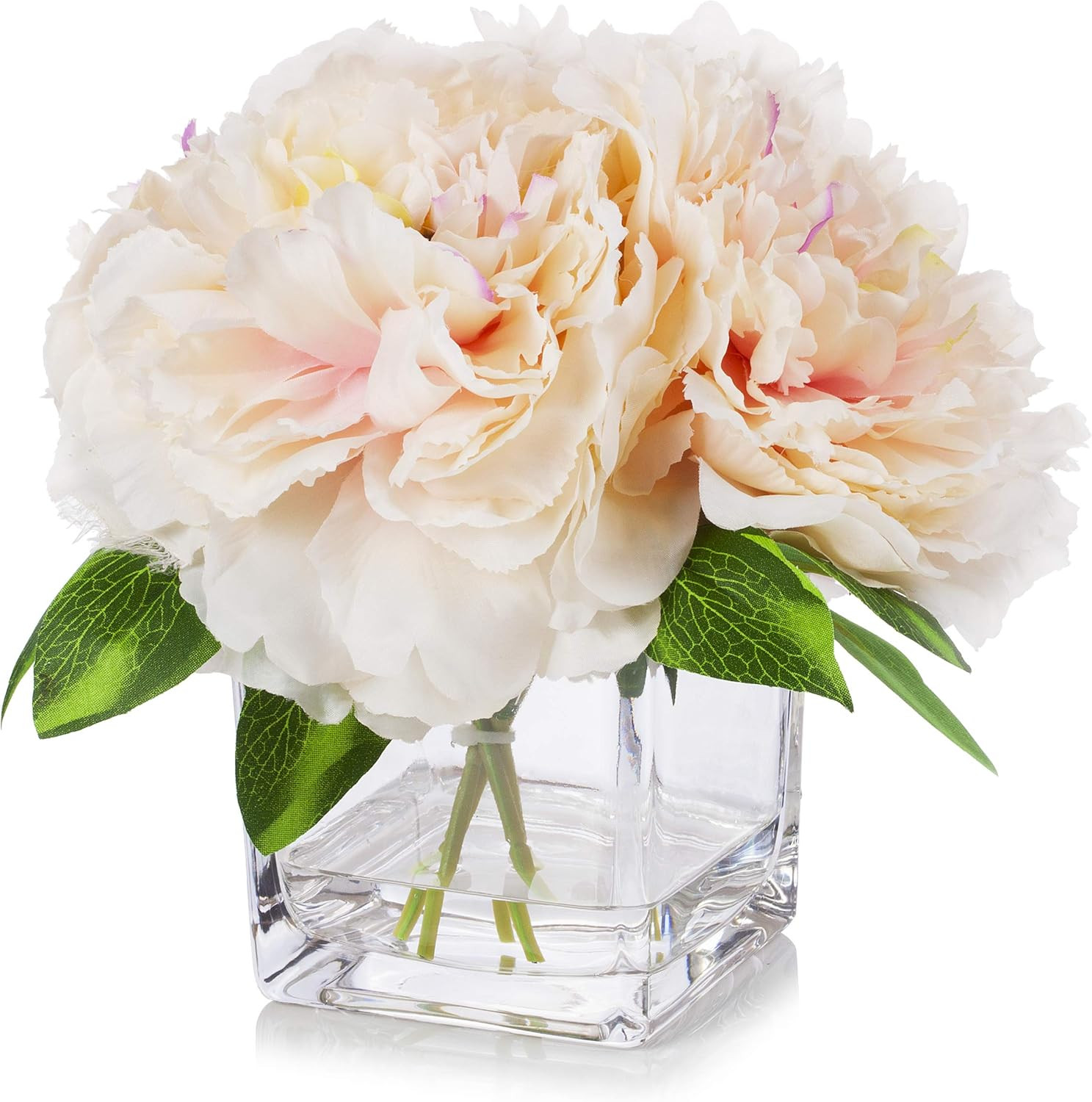 Enova Home Silk Peony Flowers Arrangements in Cube Glass Vase with Faux Water for Home Table Wedd... | Amazon (US)