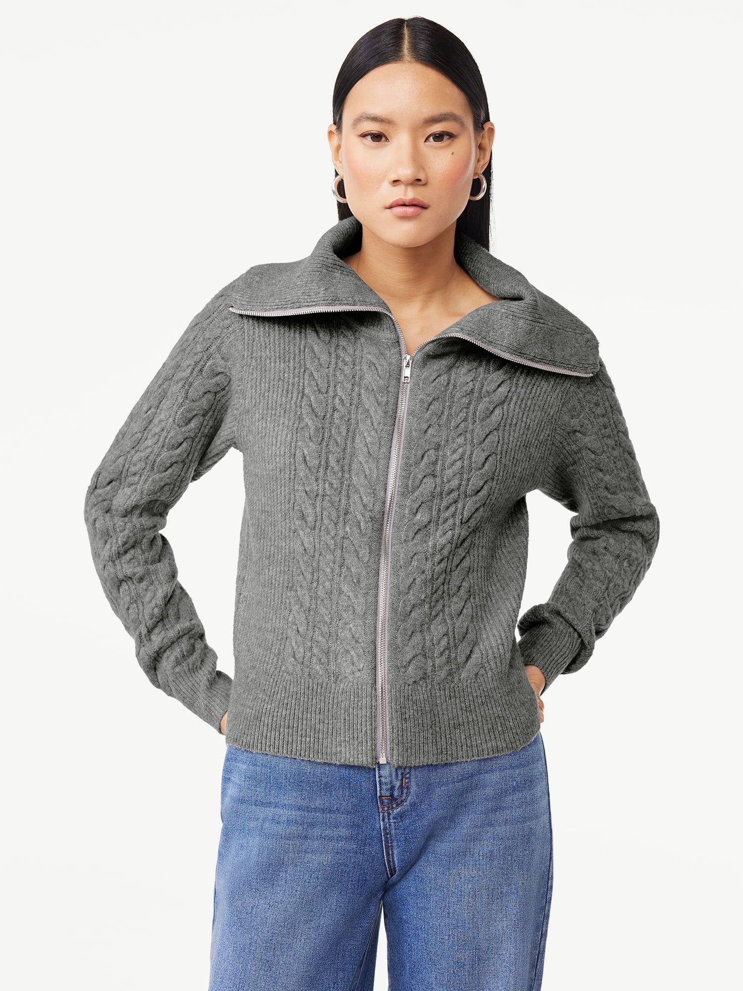 Scoop Women's Long Sleeve Zip Cable Knit Cardigan Sweater, Sizes XS-XXL | Walmart (US)