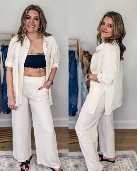 Amazon vacation outfits. @amazonfashion black bikini and cream button down with matching wide leg pants. I sized up one in both. Great for vacation! 

#LTKswim #LTKtravel #LTKfindsunder50