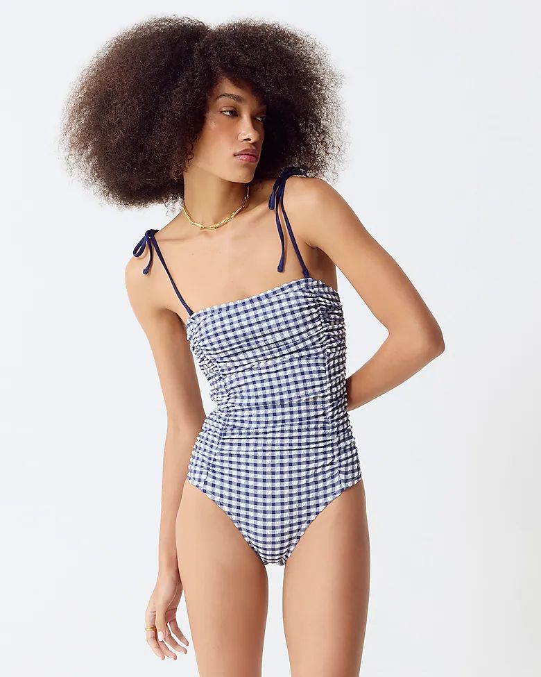 Ruched tie-shoulder one-piece swimsuit in gingham | J.Crew US