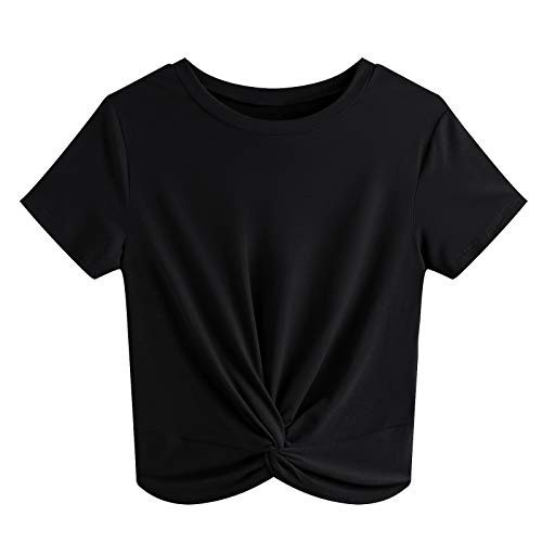 JINKESI Women's Summer Causal Short Sleeve Blouse Round Neck Crop Tops Twist Front Tee T-Shirt Black-Medium | Amazon (US)