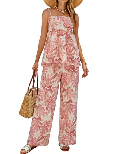 Glamaker Womens Summer 2 Piece Sets Floral Spaghetti Tank Top Wide Leg Pants Travel Beach Vacatio... | Amazon (US)