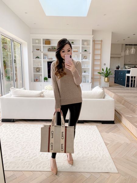 Spring outfit ideas, outfit inspo, cashmere jumper, knitwear, black jeans, black leggings, nude pumps, heels, casual outfits, everyday style, minimal, mytheresa, vince, Chloe 

#LTKfit #LTKstyletip #LTKSeasonal