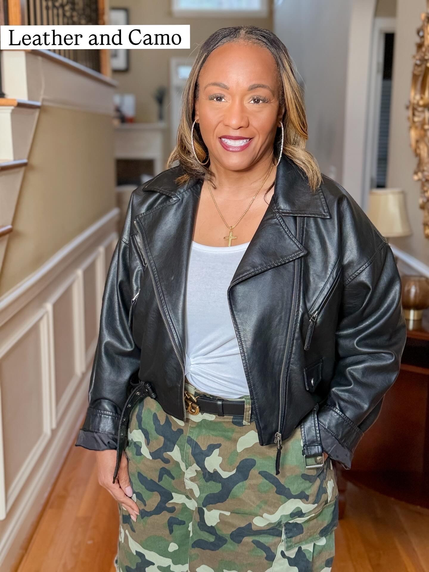 Soft edge meets street edge!

Leather jacket, and a little camo to keep it bold. This is what I mean by mixing high + low for effortless, elevated style.

From casual cool to polished chic—one jacket, endless looks.

#HighLowStyle #LeatherJacketOutfit #CamoStyle #StreetChic #StyleOver40
