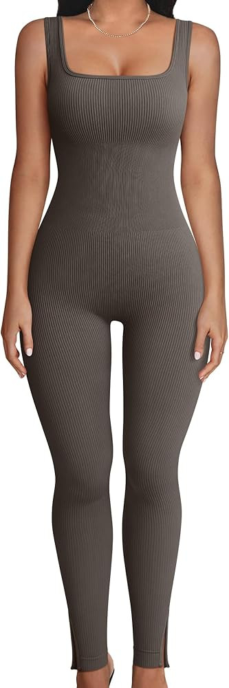 OQQ Women's Jumpsuits Ribbed Sleeveless Square Neck Ankle Split One Piece Tank Tops Yoga Jumpsuit... | Amazon (US)