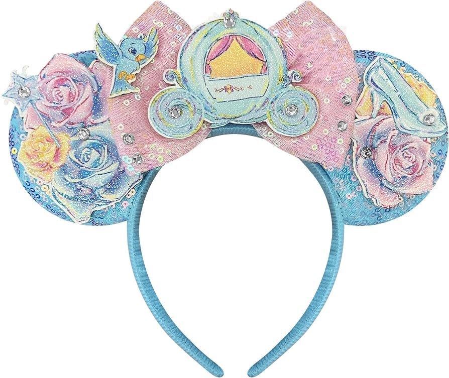 Mouse Ears Headband for Women Girls, Pink Sequin Bows Mouse Ears Park Ears Rose and Carriages | Amazon (US)