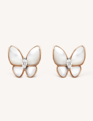 Two Butterfly rose-gold, mother-of-pearl and 0.31ct marquise-cut diamond earrings | Selfridges