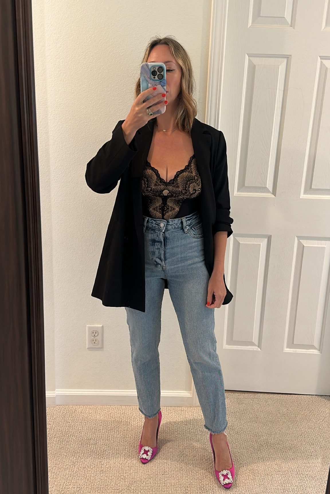 Date night look bodysuit monologue lookalikes blazer is my favorite 