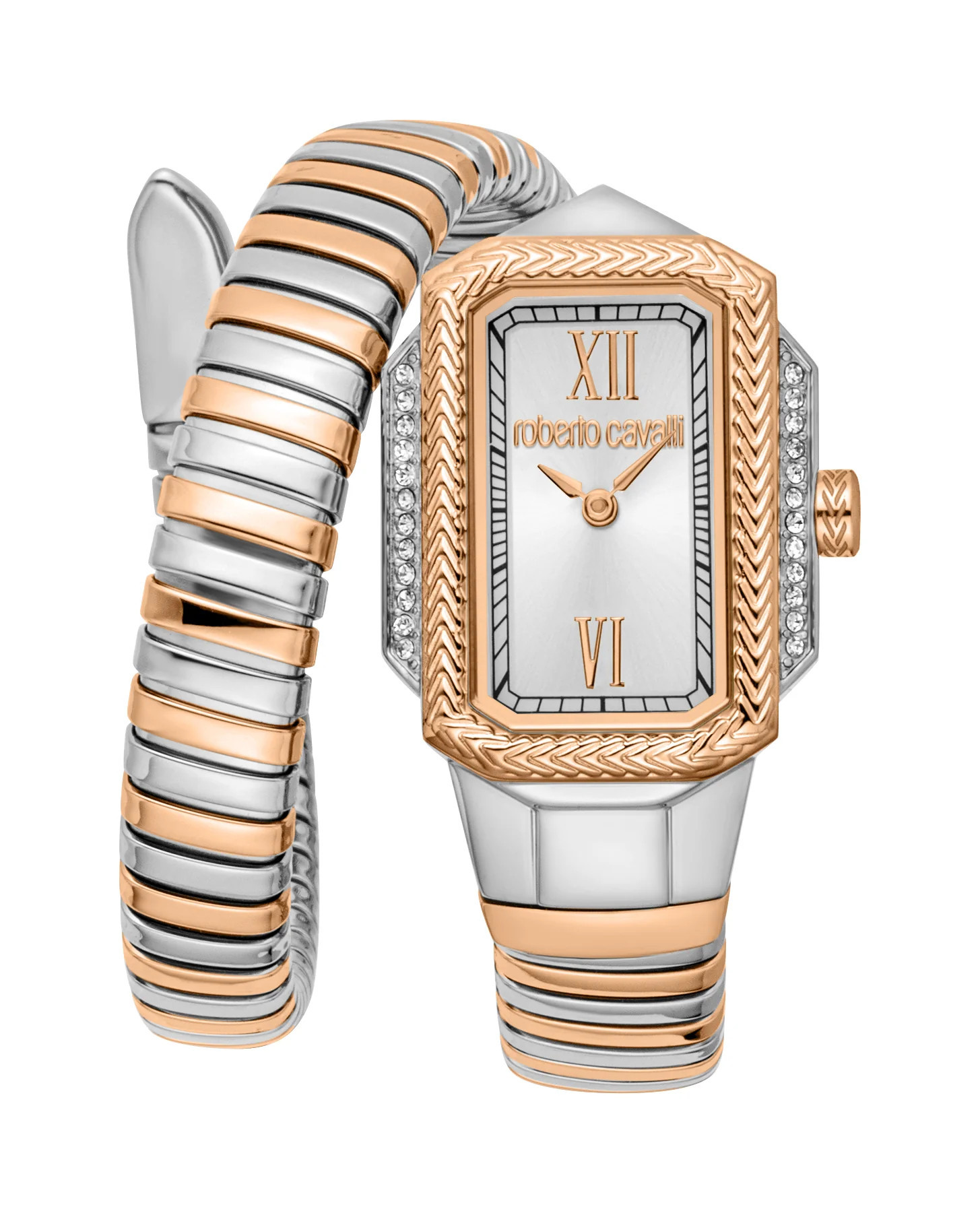 Roberto Cavalli Women Snake Stainless Steel Two Tone Silver & Rose Gold Color Watch | Shop Simon