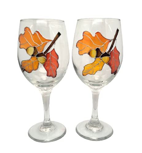 Oak Leaves Acorns Hand Painted Wine Glasses Set of 2 Fall Decor | Amazon (US)