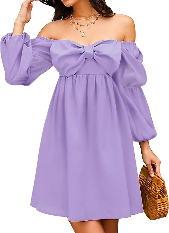 EXLURA Womens Summer Casual Wedding Guest Dress Square Bow Neck Long Puff Sleeve Dress Empire Wai... | Amazon (US)