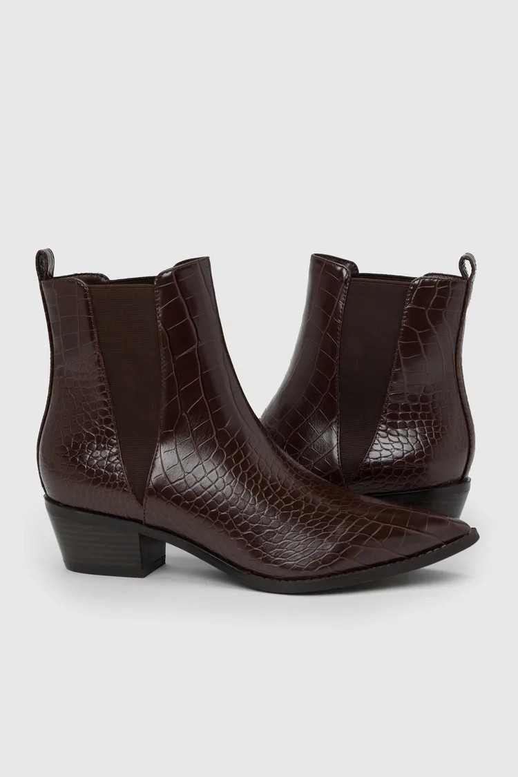 Conny Dark Chocolate Brown Crocodile-Embossed Ankle Booties | Lulus
