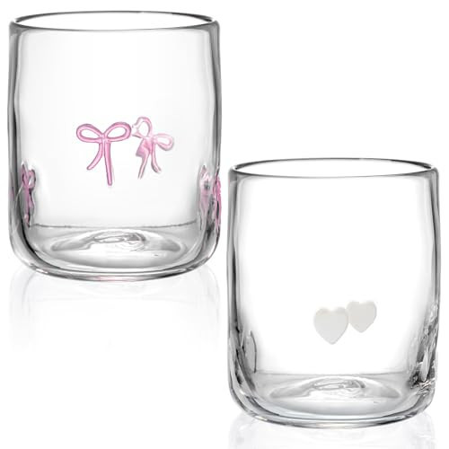 Skylety Set of 2 Bow Icon Juice Glass 14oz Coquette Pink Bow Glass Cup Coquette Heart Coffee Mug Gifts for Women Girls Mothers Day Birthday Bridal Shower Gifts | Amazon (US)