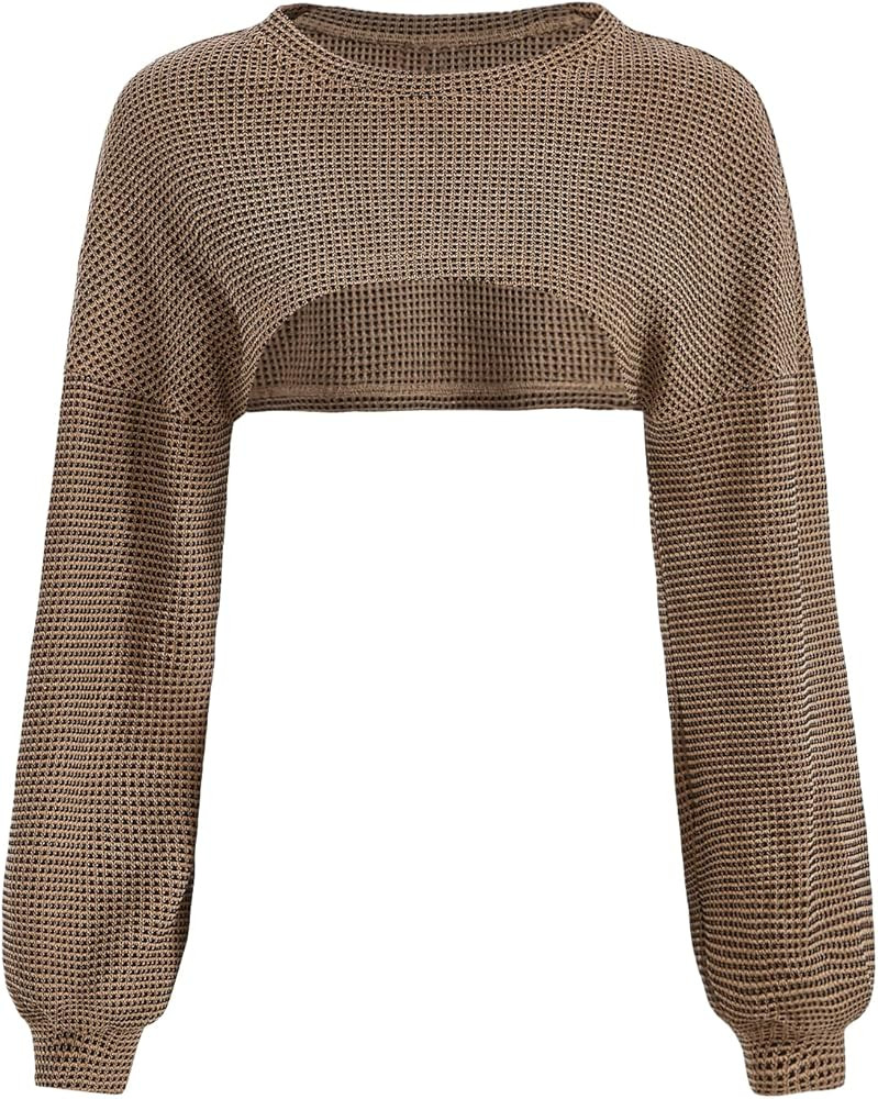 Verdusa Women's Drop Shoulder Long Sleeve Round Neck Knit Crop Top Shrug | Amazon (US)