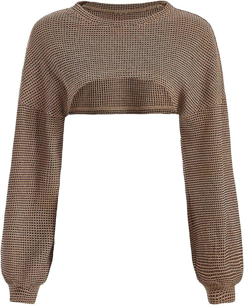 Verdusa Women's Drop Shoulder Long Sleeve Round Neck Knit Crop Sweater Top Khaki M at Amazon Wome... | Amazon (US)