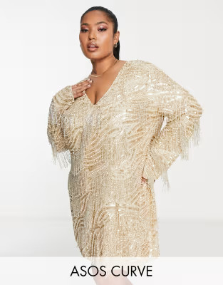 ASOS EDITION Curve v neck embellished mini shift dress with fringe in gold | ASOS (Global)