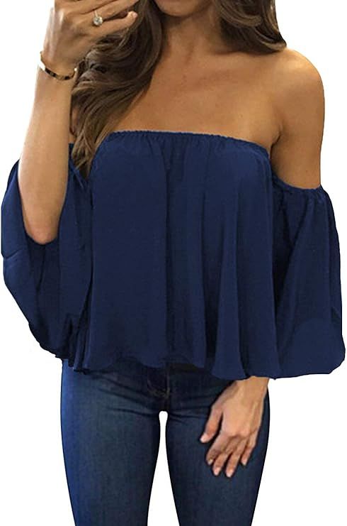 Bluetime Women Summer Off Shoulder Chiffon Blouses Ruffles Short Sleeves Sexy Tops Casual T Shirt... | Amazon (US)