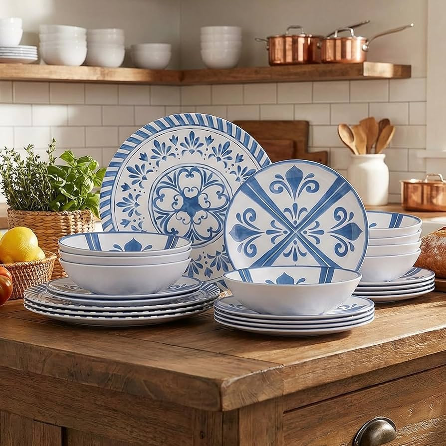 Melamine Dinnerware Sets for 4, 12-Piece Plates and Bowls Sets - 4 Dinner Plates, 4 Salad Plates,... | Amazon (US)
