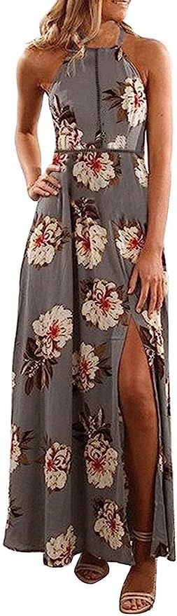 ZESICA Women's Halter Neck Floral Print Backless Split Beach Party Maxi Dress | Amazon (US)