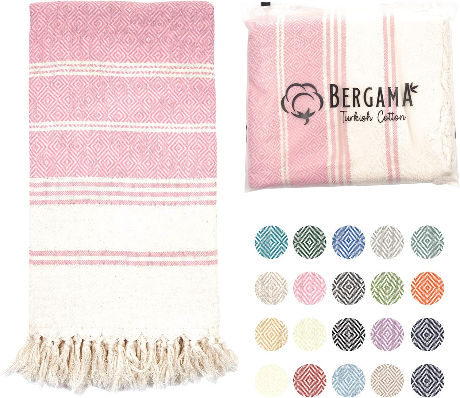 BERGAMA Turkish Beach Towel | 100% Cotton, Prewashed, 38 x 71 Inches | Quick Dry, Sand Free, Ligh... | Amazon (US)