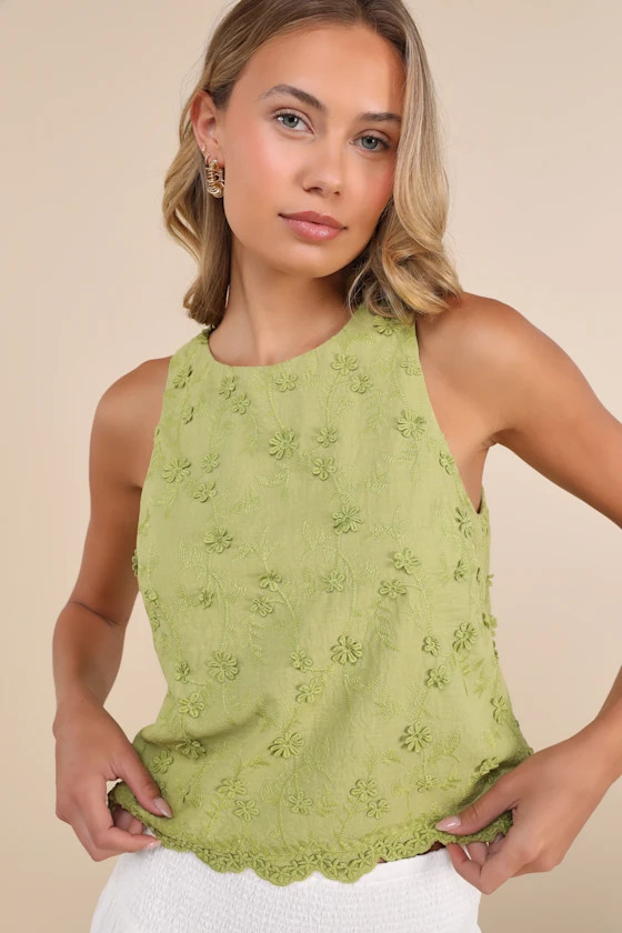 Pleasant Personality Green Floral Embroidered Crew Neck Tank Top | Lulus