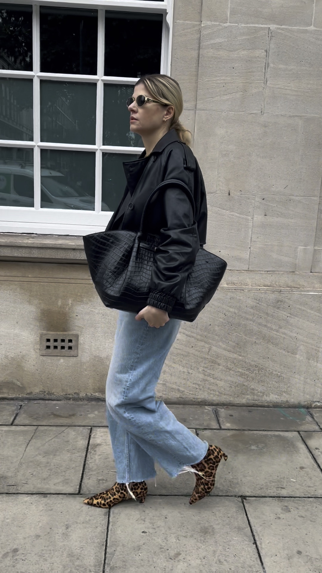 Balloon jeans, croc bag, large bag, leopard boots, sezane blouse, cropped black jacket, celine triomphe, ankle boots 

#LTKuk #LTKstyletip #LTKeurope
