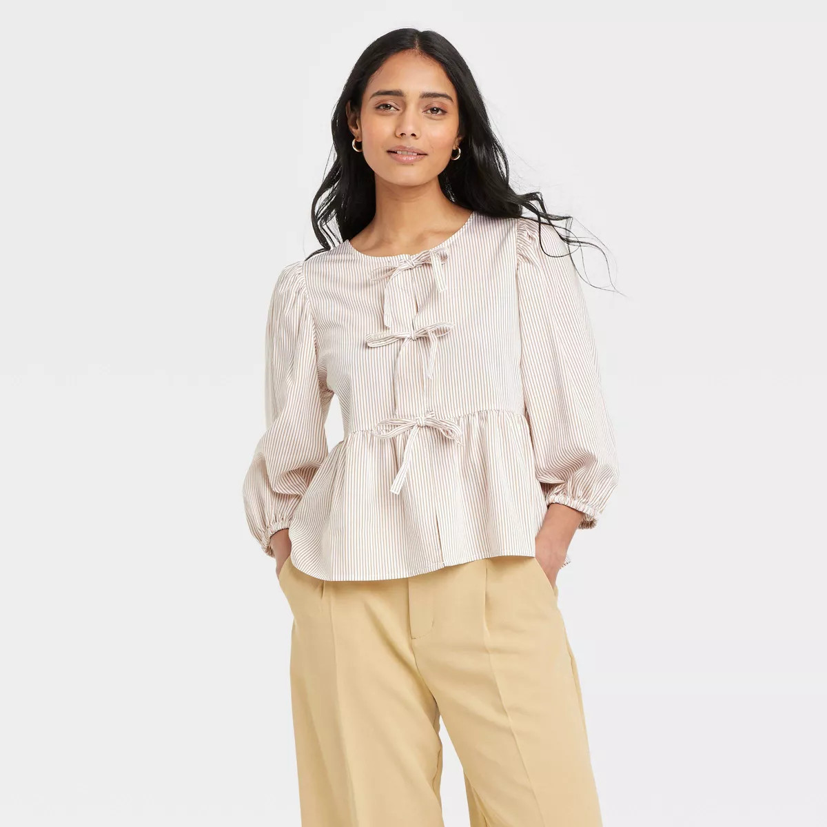 Women's Elbow Sleeve Peplum Tie-Front Blouse - A New Day™ Beige Striped XS | Target