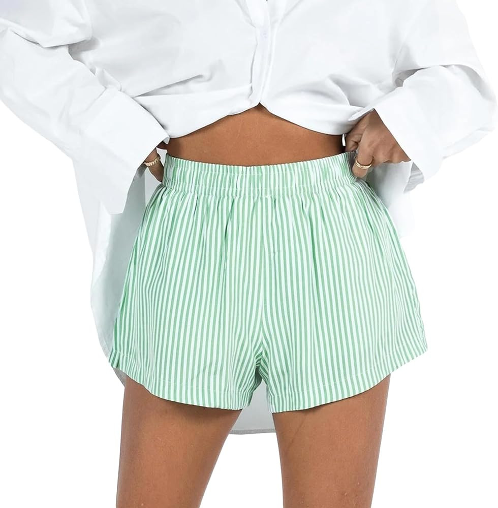Cute Stripe Lounge Shorts for Women Casual Plaid Pajama Shorts Elastic Low Waist Sleep Boxer Shor... | Amazon (US)