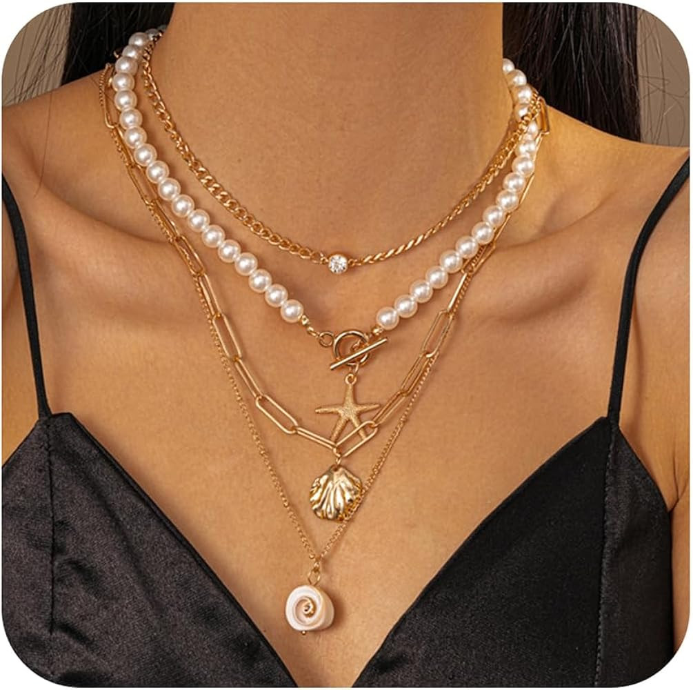Gold Layered Shell Necklaces for Women - 18k Gold Plated Starfish Seashell Charm Necklace Adjusta... | Amazon (US)