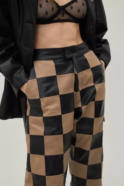 Checkerboard High Waisted Real Leather Pants | Nasty Gal (US)