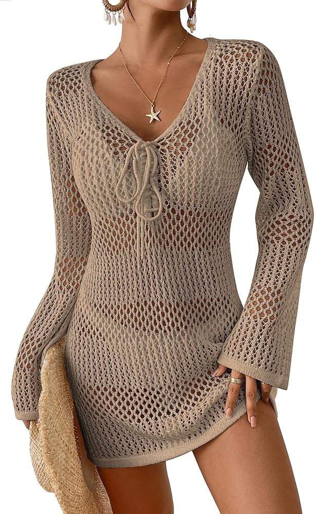 Bsubseach Women Swimsuit Crochet Coverup Long Sleeve V Neck Beach Knit Bathing Suits Cover Ups Me... | Amazon (US)